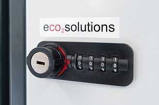 Picture of an eco2mobility Bike-Locker combination lock with eco2solutions sticker 