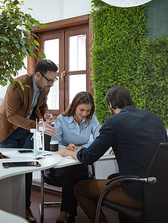 Picture of three people working together at a desk in a modern office with numerous plants and vertical greenery on the wall