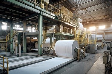 Große Papierrollen laufen über Förderbänder in einer hell beleuchteten Industriehalle mit Maschinen und Stahlkonstruktionen