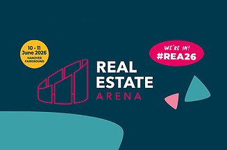 Image featuring the Real Estate Arena logo, details of the trade fair and the hashtag
