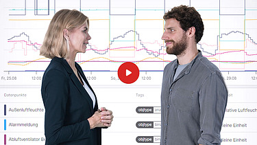 Vorschaubild Yotube Video: eine Frau und ein Mann stehen vor einer groflächigen Diagramm-Auswertung und sich gegenüber