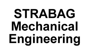 Černý nápis STRABAG Mechanical Engineering na bílém pozadí