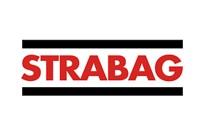 Logo von STRABAG in roter Schrift mit zwei schwarzen Balken
