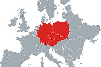 STRABAG PFS Standorte Europakarte Grafik einer Europakarte mit rot eingefärbten Ländern