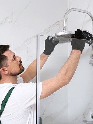 Fotografie muže ve sprše, který nasazuje sprchovou hlavici v rukavicích