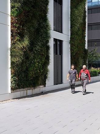 Photo of two employees in work clothes walking past a green house wall 
