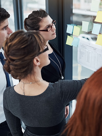Picture of four people in business attire working on a board with sticky notes and diagrams.