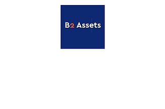 B2Assets logo in white lettering with an orange two on a blue background