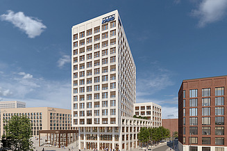 CENTRAAL MesseCity Köln Visualisierung von einem weißen Hochhaus vor blauem Himmel, davor laufen Menschen