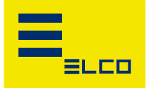 Logo Elco s modrým písmem na žlutém pozadí