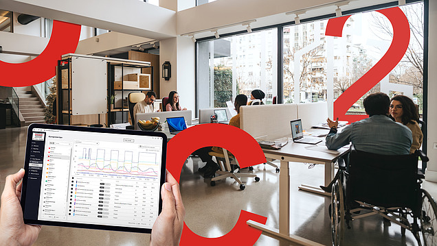 Bild von einem Büroraum mit nachhaltigem und digitalem Gebäudebetrieb, in dem große rote Aufsteller von C, O und 2 stehen. Im Vordergrund ist der eco2state-navigator auf einem gehaltenen Tablet zu sehen.