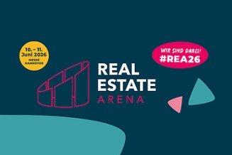 Grafik mit Logo der Real Estate Arena, Daten der Messe und #-Angabe