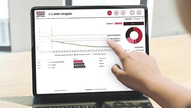 Eine Hand hält ein Tablet, auf dem eine Anwendung mit Skalen zu sehen ist