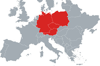Darstellung einer Europakarte mit rot markierten Ländern der STRABAG PFS Unternehmensgruppe