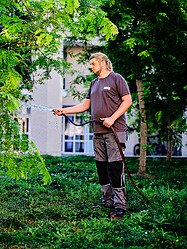 Obrázek muže klečícího za křovím u rybníka