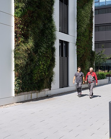 Sustainability and responsibility Photo of a green building façade and two people walking past