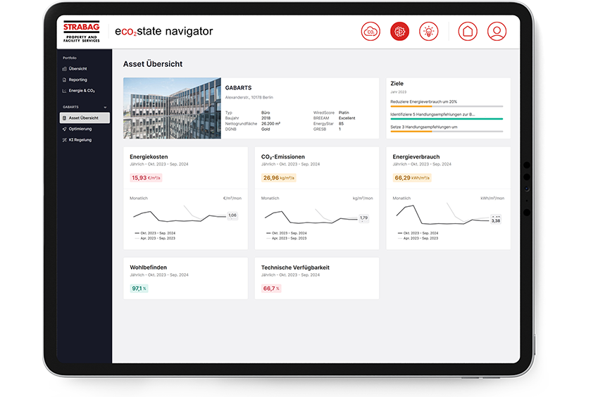 Image of a tablet with an application in which various building data can be seen