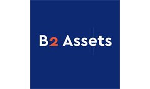 B2Assets logo in white lettering with an orange two on a blue background
