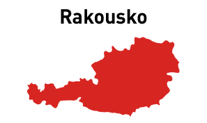 Červeně podbarvená mapa Rakouska, nad ní černě Rakousko