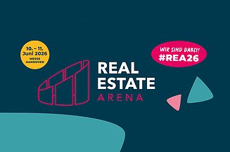 Grafik mit Logo der Real Estate Arena, Daten der Messe und #-Angabe