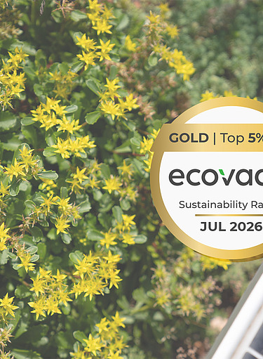 Foto von einer PV-Anlage neben gelben Blumen und dem EcoVadis Gold Siegel im Vordergrund