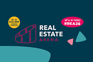 Image featuring the Real Estate Arena logo, details of the trade fair and the hashtag