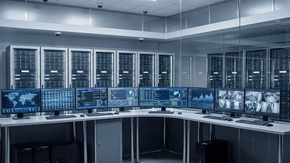 Serverraum mit mehreren Bildschirmen